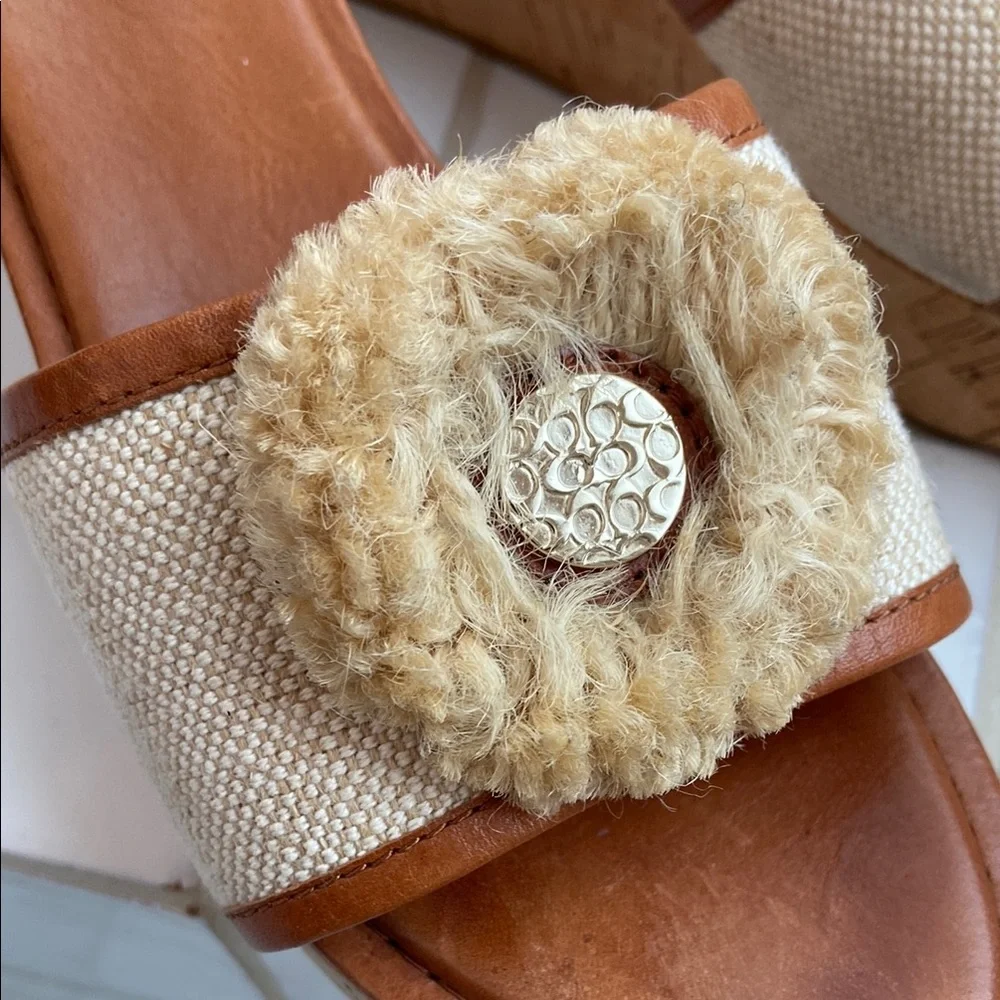 Coach Tan and Cream Slide Wedge Sandals with Rosette Detail - Picture 3 of 6